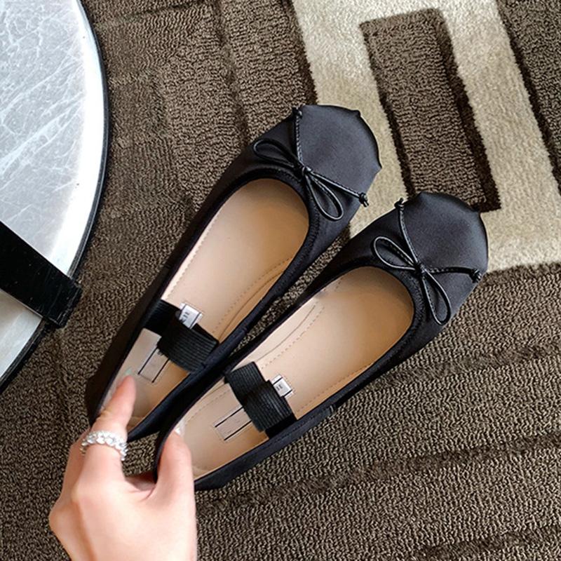 Elastic Band Silk Bowtie Ballet Flats Women Round Toe Pink Bow Loafers Soft Bottom Mary Janes Female Silk Moccasins Big Size 43