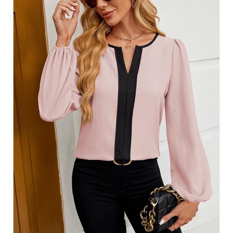 Haut de chemise à manches longues bouffantes à col en V et à assortiment de couleurs pour femmes