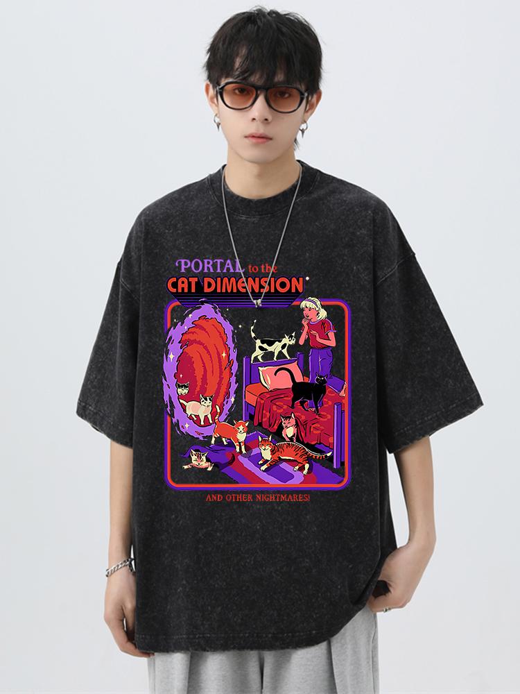 Portal To The Cat Dimension Print Washed Retro Men Tshirt Summer Loose Cotton T Shirt Breathable Clothes Oversize Casual Tees