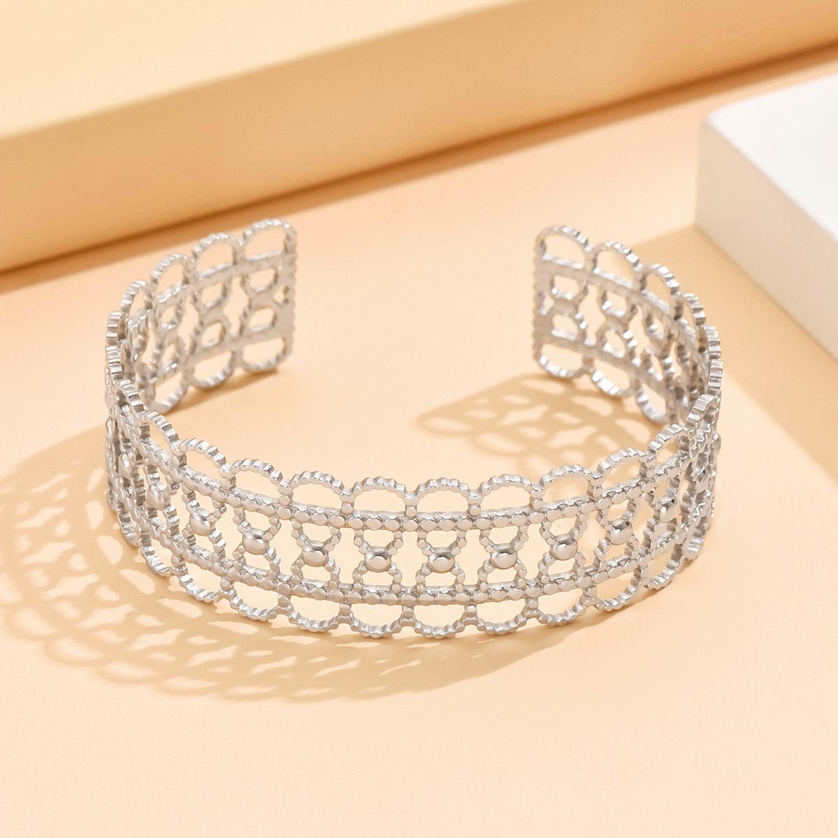 Elegant Floral Lace Stainless Steel Open Cuff Bracelet