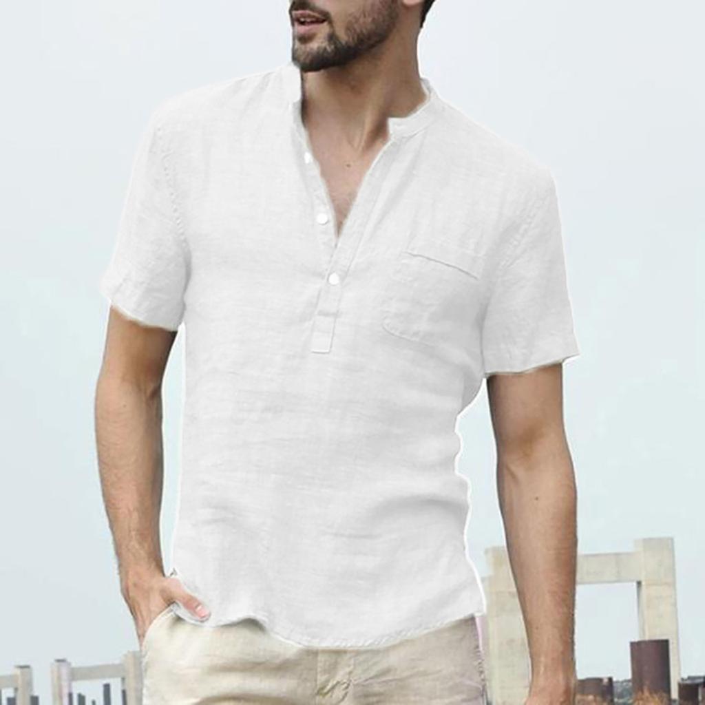 Men's Baggy Cotton Linen Solid Color Short Sleeve Retro T Shirts Tops Blouse