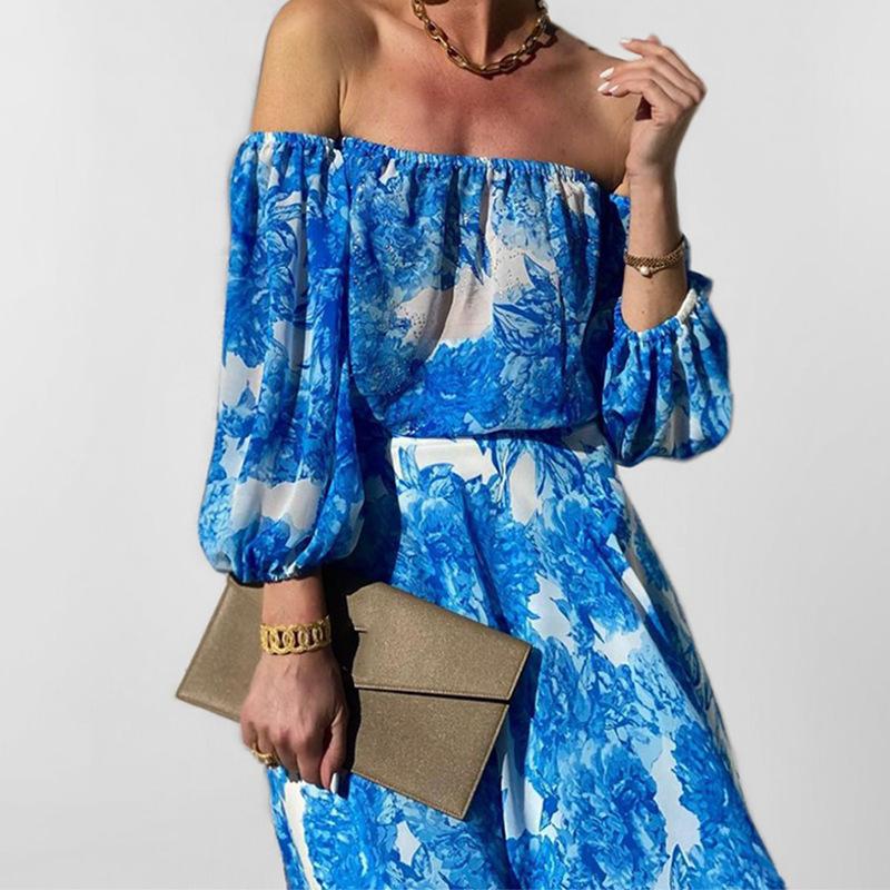 Frühling Neue Damenbekleidung Druck Temperament Elegant Einwortschulter Locker Kleid Damen
