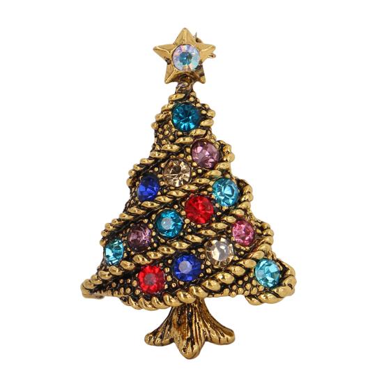 

Vintage Christmas Tree Colorful Rhinestone Inlaid Brooch Pin Jacket Collar Badge золотистый