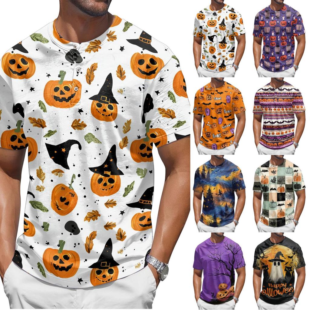 Mens Halloween Print Crew Neck Short Sleeve T Shirt Soft Fabric Casual Fit Pumpkin Pattern Comfortable Top
