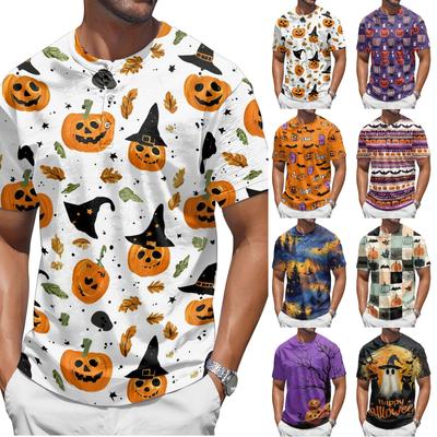 Herren Halloween Print Rundhals Kurzarm T-Shirt Weicher Stoff Normale Passform Kürbis Muster Bequemes Oberteil