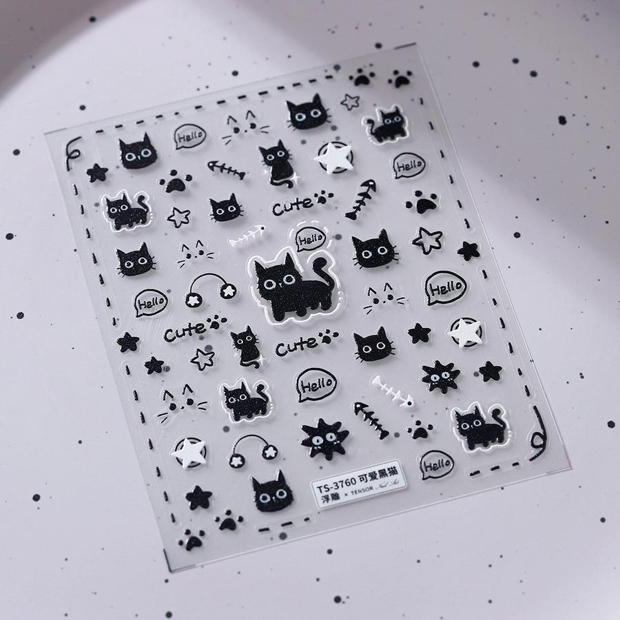 Fashion Silver Metallic Texture Nail Stickers 5D Embossed Stars Bow Love Cat Wings Nail Art Stickers DIY nail decoration