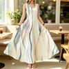 U-Neck Sleeveless Loose Maxi Dress Colorful Stripes,Flattering for All Body Types,Perfect for Beach Vacation & Daily Casual Wea