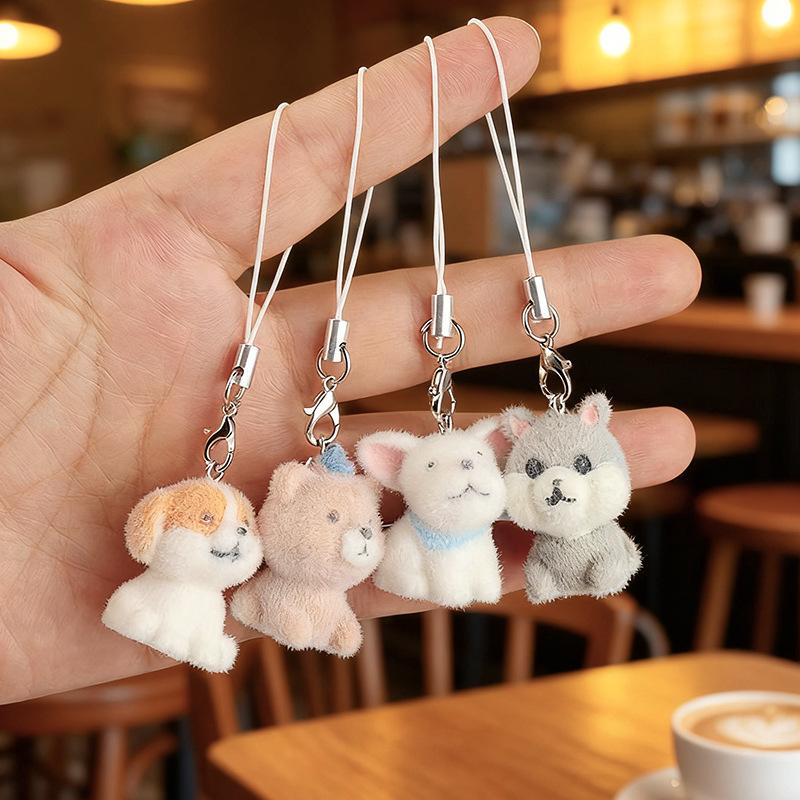 2Pcs Cute Flocking Resin Dog Keychains Bag Pendant Cartoon Animal Mobile Phone Lanyard Accessories Hanging Decoration