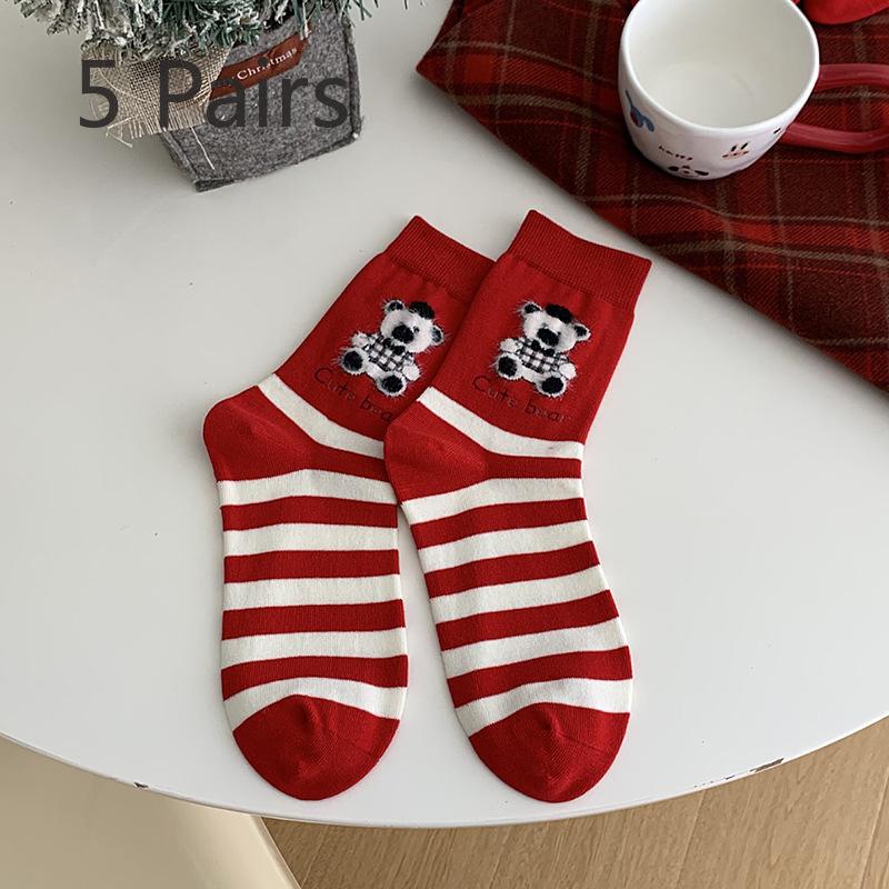 

5 пар женских осенне-зимних красных чулок средней длины с изображением животных 5 Pairs