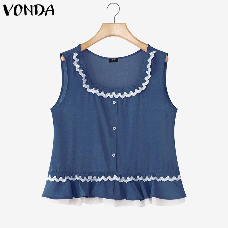 

ZANZEA Women Sleeveless Lace Crochet Hem Patchwork Ruffled Casual Tank Tops S синій