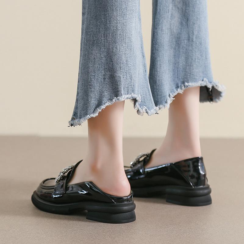 Thick-soled small leather shoes for women, retro one-pedal rhinestone single shoes for women