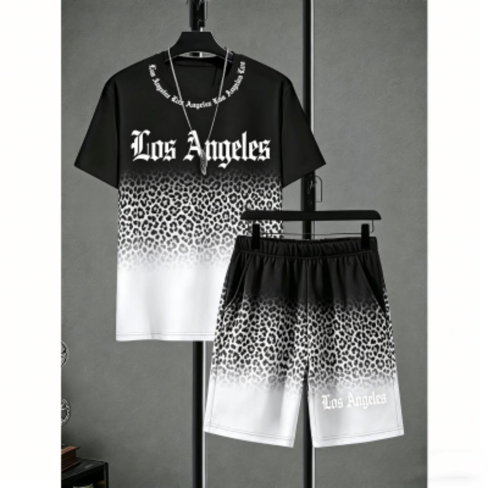 Fun Men's Set Leopard Colorful Printed Men's T-shirt and Shorts 2 Piece Set Summer Casual Outdoor Men's and Women's T-shirt Sets