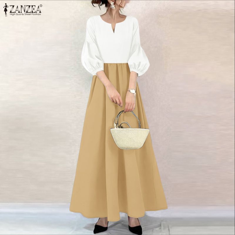 ZANZEA Lässiges, langes Kleid mit V-Ausschnitt und 3/4-Ärmeln für Damen