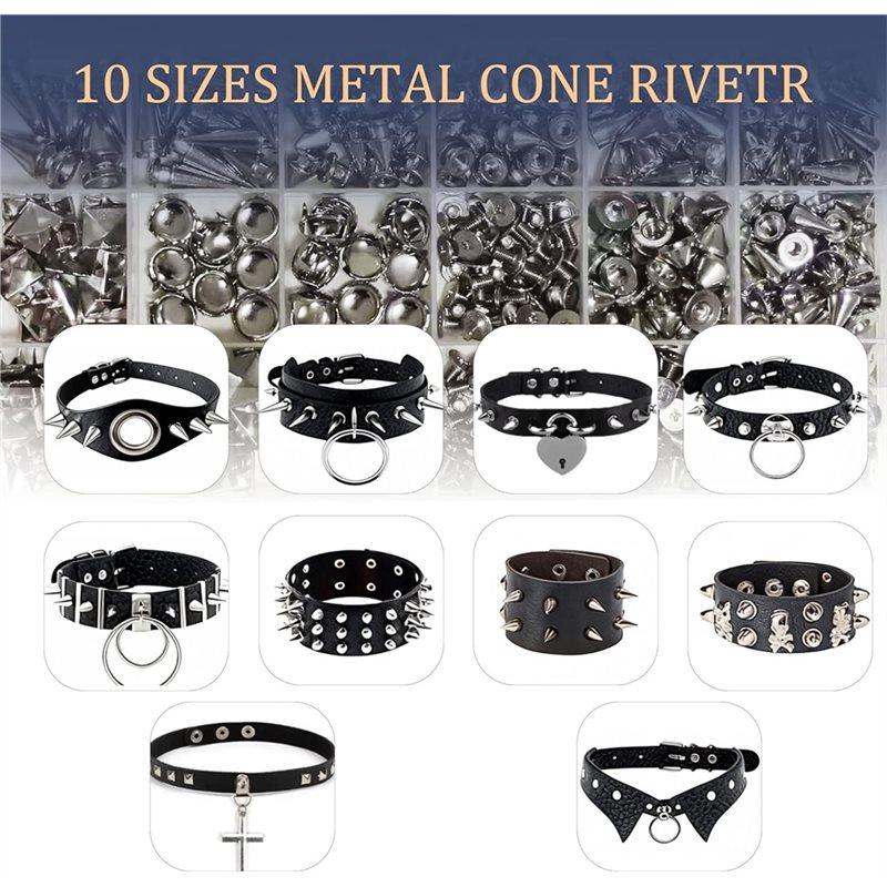 CYCLI-Metal Cone And Square Studs 455 Pcs Punk Spikes And Studs Kit, 10 Sizes For Clothing And Leathercraft