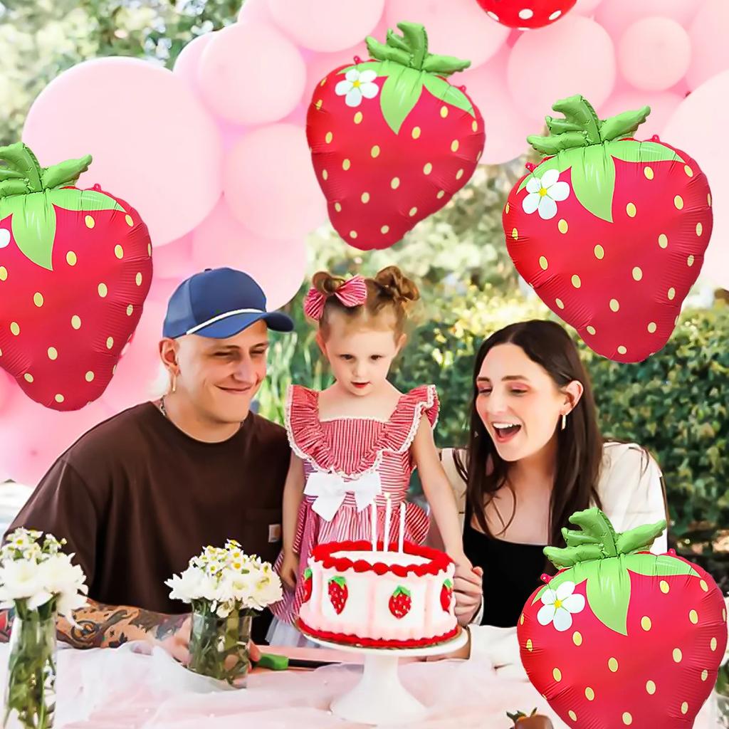 3pcs/6pcs Strawberry Aluminum Film Balloon Birthday Party Supply Summer Fruit Party Baby Girl Baptism Decoration Matte Balloons