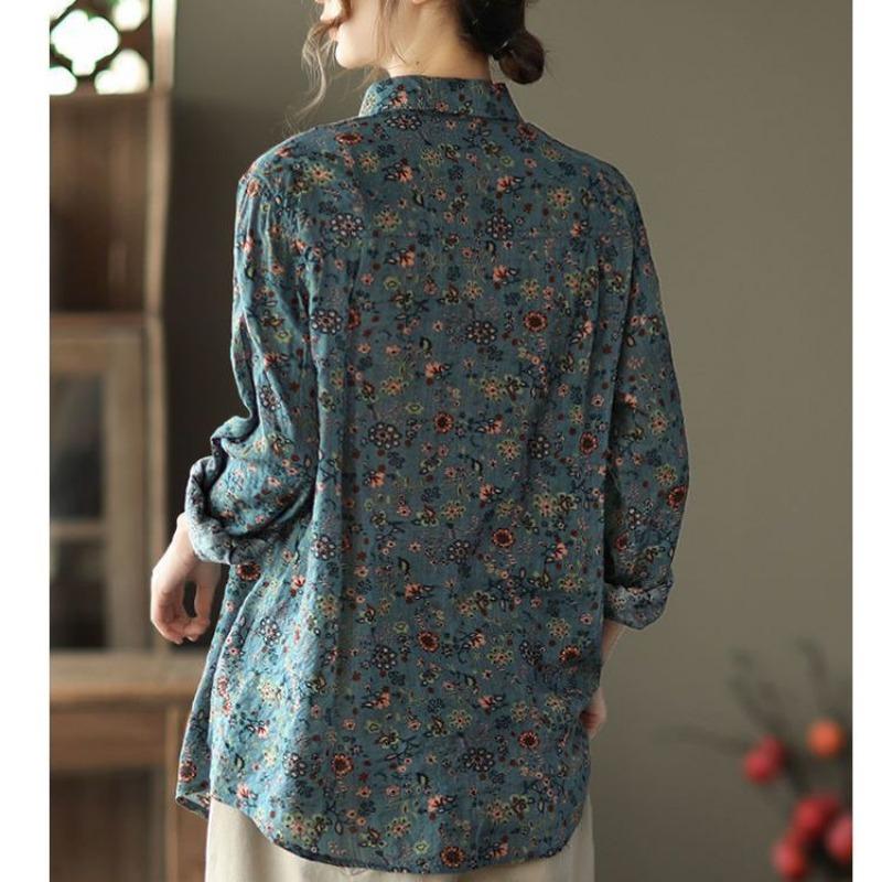 Frühlings- und Herbst-Langarmhemd aus reiner Baumwolle mit Vintage-Kunst-Blumenmuster für Damen, lässig, vielseitig, lockeres Baumwoll-Hanf-Oberteil