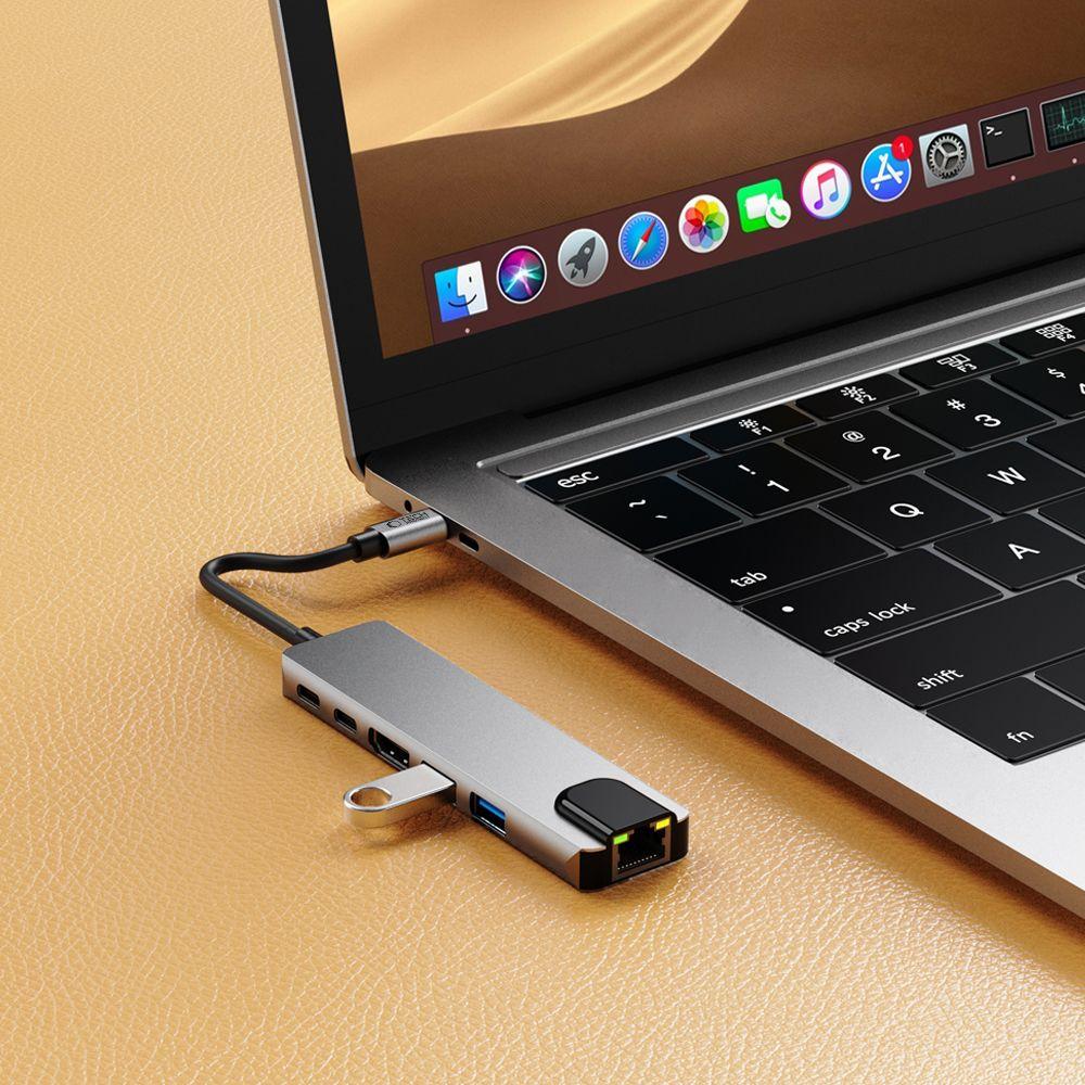 Tech-Protect Hb02 Hub Adapter 6In1 Type-C + Usb2.0 + Usb3.0 + Hdmi 4K 30Hz + Rj45 + Pd100W Space Grey