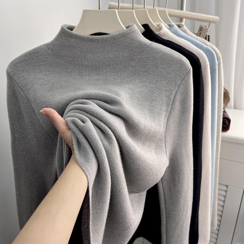 Autumn Winter Half High Collar Velvet Warm Vantage T-shirt Women Long Sleeve All-match Bottomed Sweater