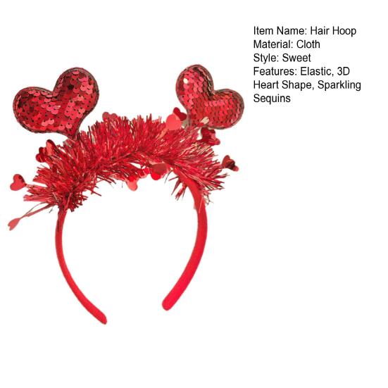 Hair Hoop Valentine Day Headband with 3D Heart Shape And Sparkling Sequins Party Versatile Hair Accessory