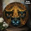 Gothic Triple Black Cat Wall Plaque Glowing Eyes Golden Circular Tin Sign Mystical Metal Art Decor