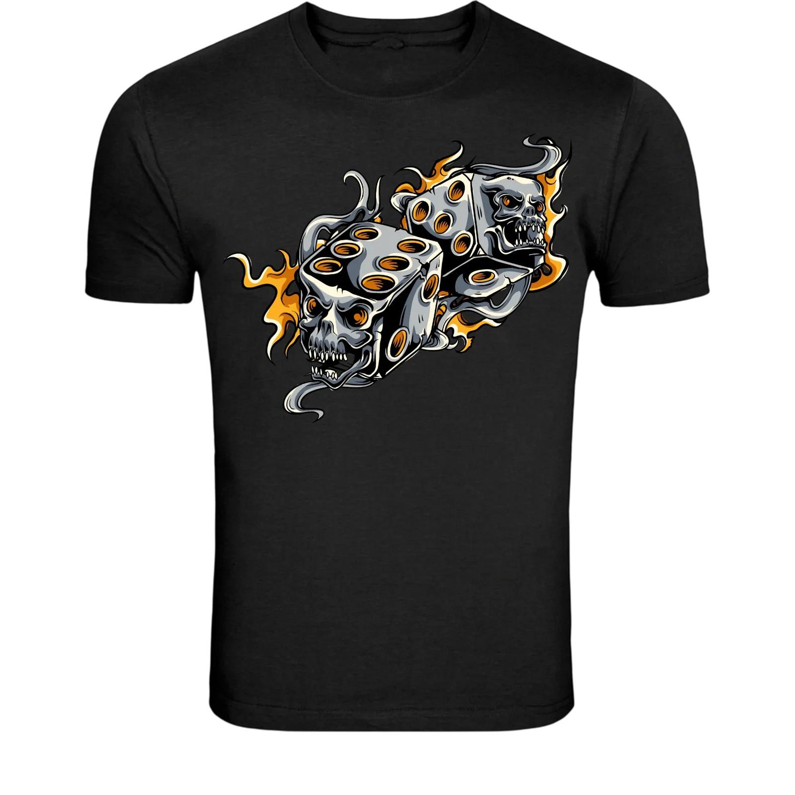 Flaming Skull Dice T-Shirt - Lucky Gambler Tattoo Style Graphic XXXXL