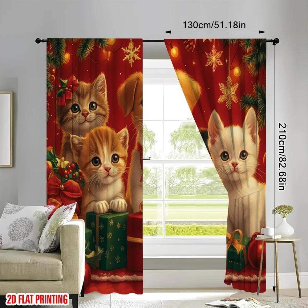 2pcs Cute Kitten Pattern Curtain   Design Window Drapes   Polyester Fabric   Christmas Holiday Window Decoration   Home Decor   Rod P