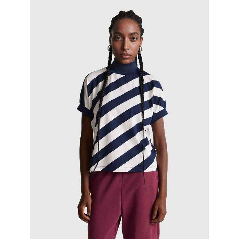 Trade Pure Cotton Single Product Italian Benetton 25-Year New Model Diagonal Striped Women s Round Neck Batwing Short-Sleeve T-Shirt All Cotton Navy blue XL