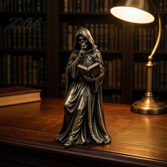 Haunted Bedroom Display Gothic Hooded Reaper Reading Book Resin Statue, Mystical Wizard Skull Figurine Horror Themed Bookshelf Ornament Desktop Decor,