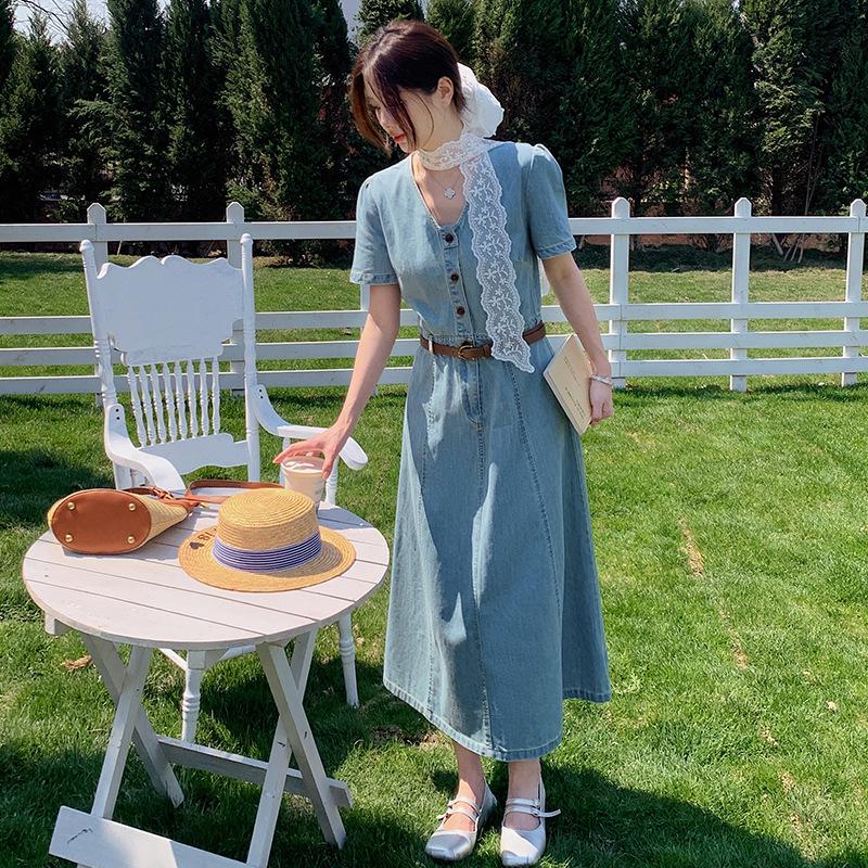 

Women s Trendy V-Neck Denim Waist-Cinching Long Dress - Summer 2025 Design DJ6836 L (110-125 Jin)