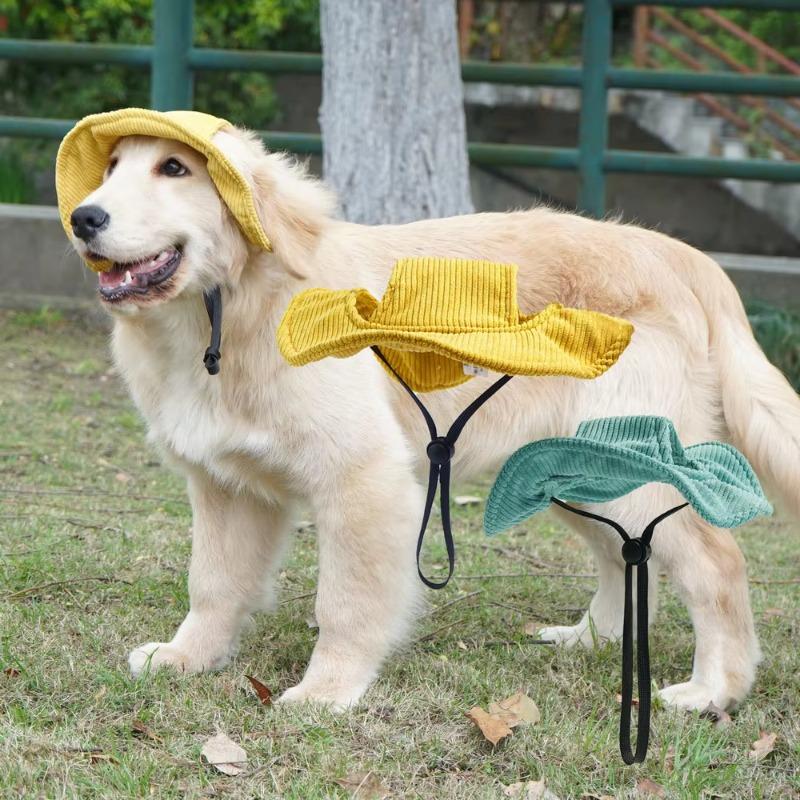 Adjustable Pets Sun Hat Wide Brim Corduroy Dogs Fisherman Cap with Ear Holes Outdoor Walking Sun Protection Hat for Dogs Cats