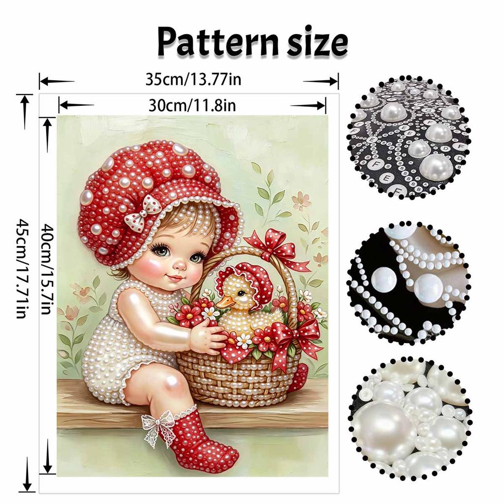 DIY Pearl Painting Canvas Cute Baby Girl with Duckling Design Shiny 3D Bead Art Kit Creative Leisure Craft for Living Room Wall Decor