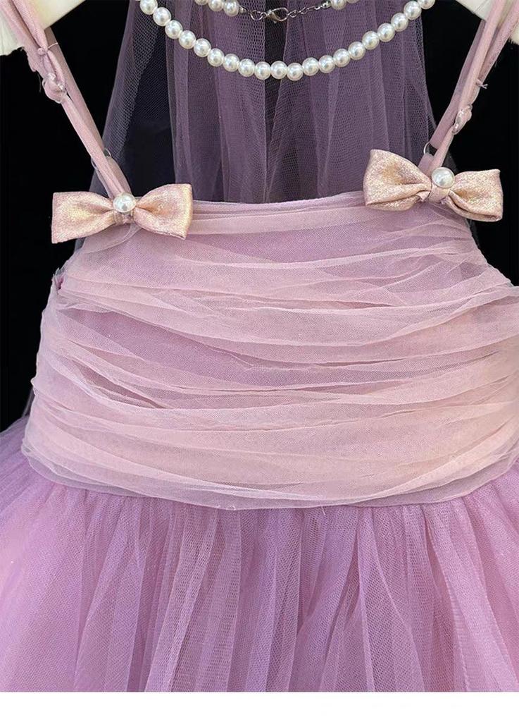 High end girls' dress summer 2026 beautiful children's suspender pink princess dress fluffy veil birthday dress