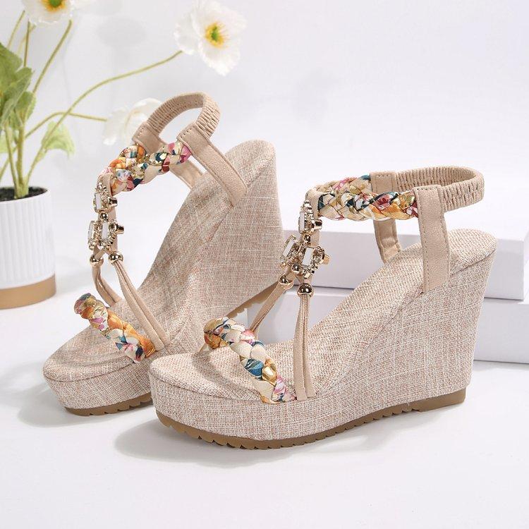 SyfIyno Summer Sandals Women's Fashion Open Toed Knitted Elastic Belt Slope Heel Thick Bottom High Heel Sandals Eleven Styles