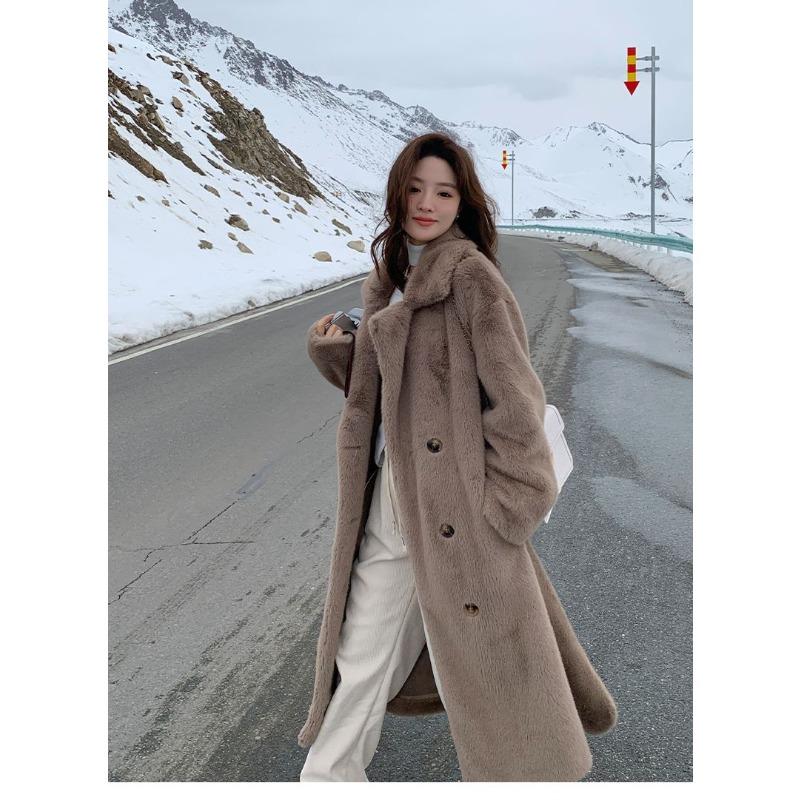 Winter Warm Thick Faux Fur Coat Women Long Trench Jacket Faux Mink Fur Collar Eco Friendly Outerwear