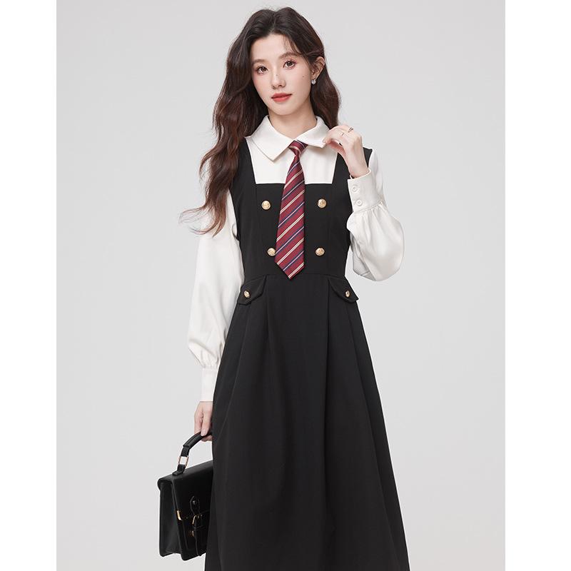 Autumn and winter leave two-piece splicing waist long-sleeved dress teaching interview skirt