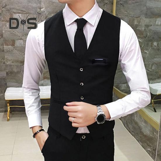 Men Suit Vest Waistcoat V Neck Sleeveless Solid Color Slim Fit Single Breasted Cardigan Formal Business Coat Groom Wedding Coat