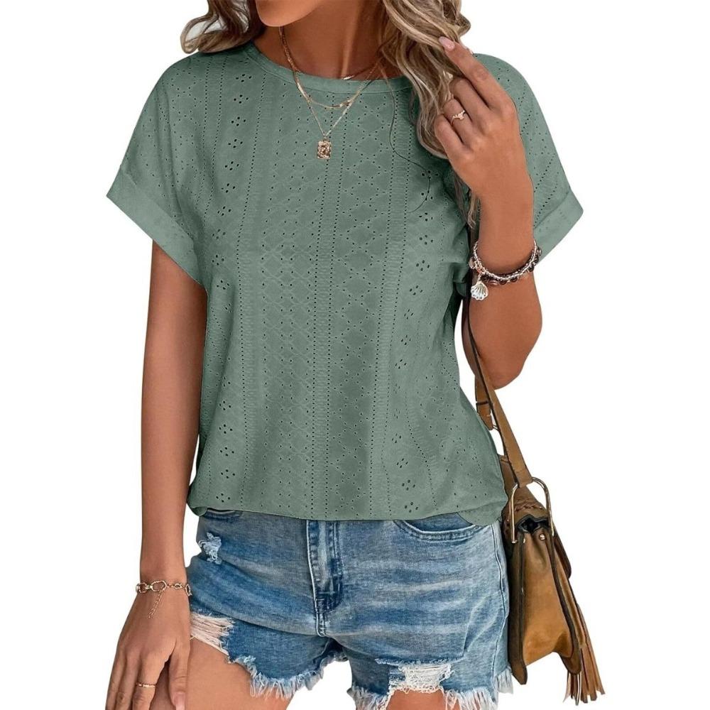 Top Eyelets Summer Spring Curved Hem, Casual Women's Short Sleeved Fashionable T-shirt Beach Vacation Short Style
