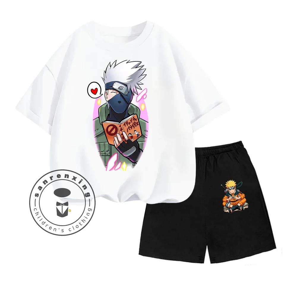 Unique NARUTO Animated Cartoon Character Vertical Print Design O-neck Skin-friendly Short Sleeve and Shorts Kids Two-piece Set