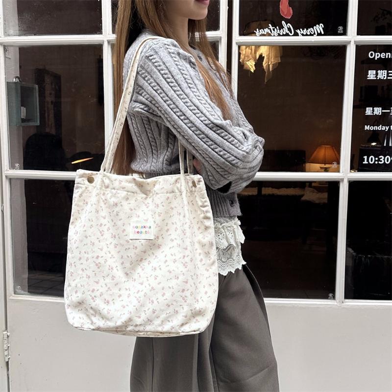 Fresh Floral Corduroy Women's Shoulder Bags Fashi Ctrast Color Ladies Handbag Versatile Large Capacity Female Shopping Bag
