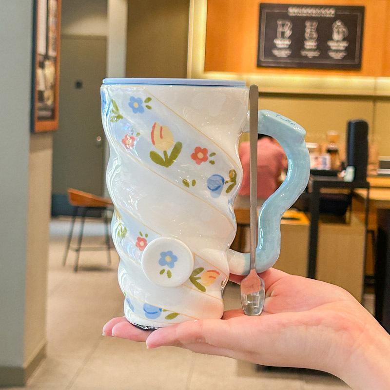 

High End Tulip Mug with Lid Large Capacity Ceramic Cup for Girls Birthday Gifts Best Friend Souvenirs 401-500ml