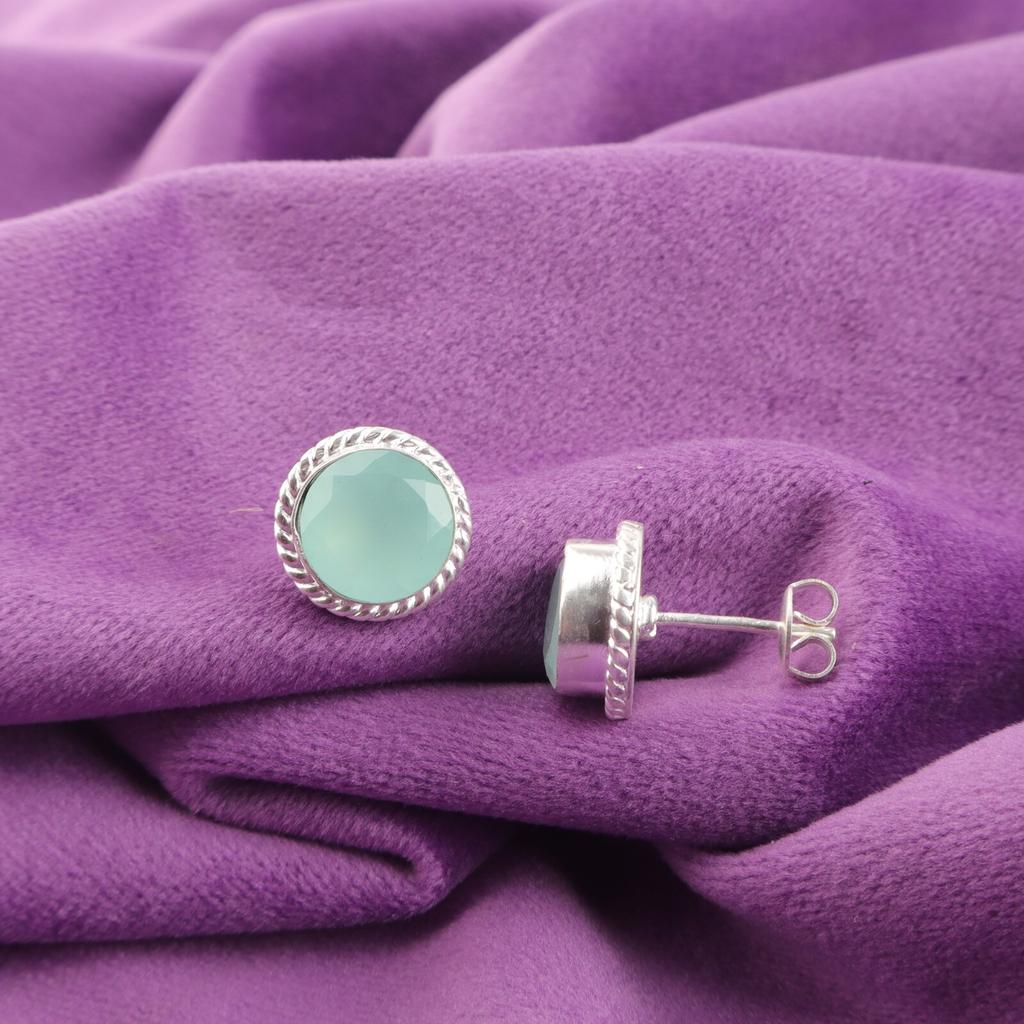 Aqua Chalcedony Gemstone Sterling Silver Stud Unique Best Sisters Gift Earrings EE-147-13