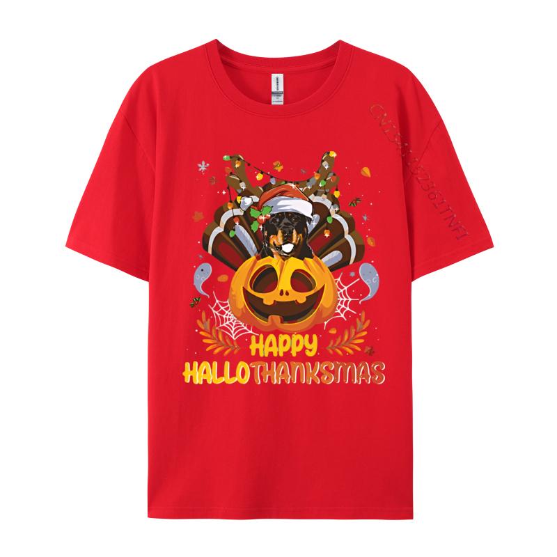 Rottweiler Happy Hallo Thanksmas Halloween Tshirt Vintage Cheerful Cotton Tshirts Blue And White Graphic T Shirts