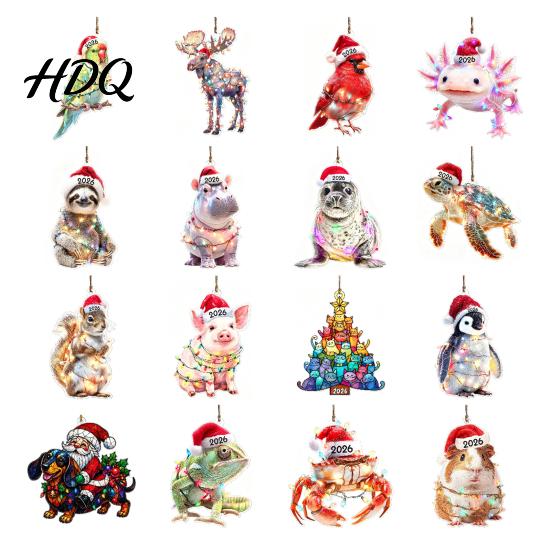 Animal Themed Holiday Decorations Christmas Hanging Ornaments with Lanyard Cute Double Sided Pendant 2026 Creative Shaped Gifts Santa Hat