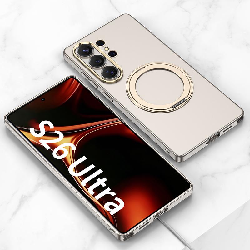 Plating Magnetic Wireless Charging Rotating Holder Phone Case for Samsung Galaxy S26 Ultra Leather Shockproof Protective Cover