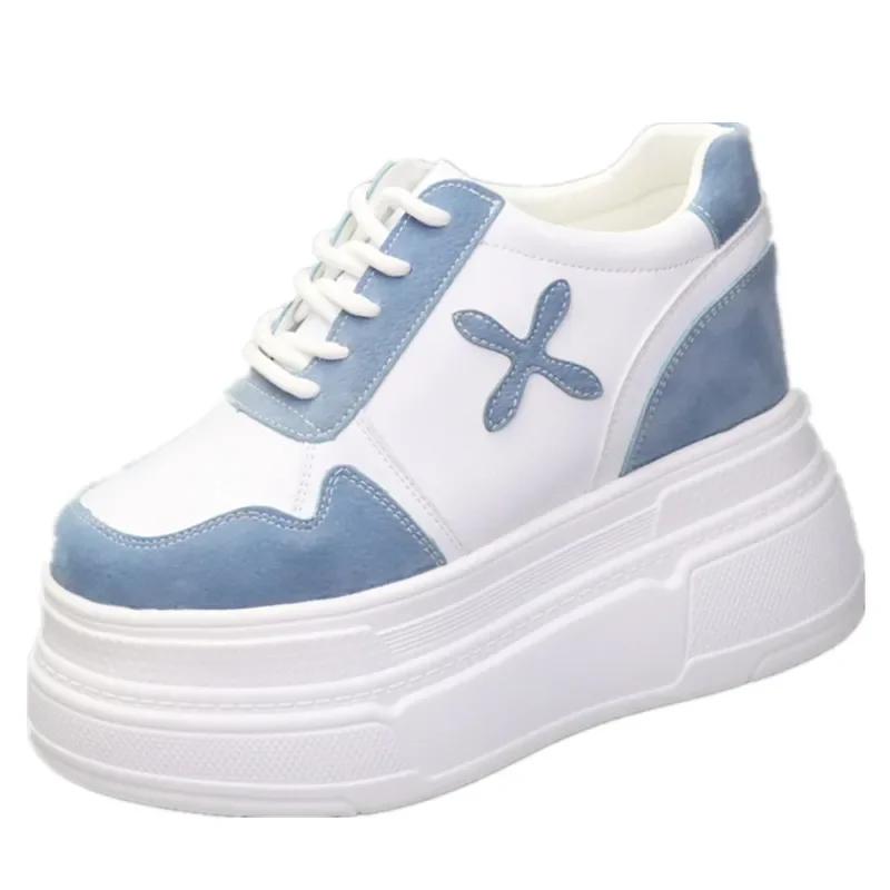 Fashion 12CM Genuine Leather Women Spring Autumn Chunky Sneakers Ins Women Summer White Hidden High Heels Platform Wedge Shoes
