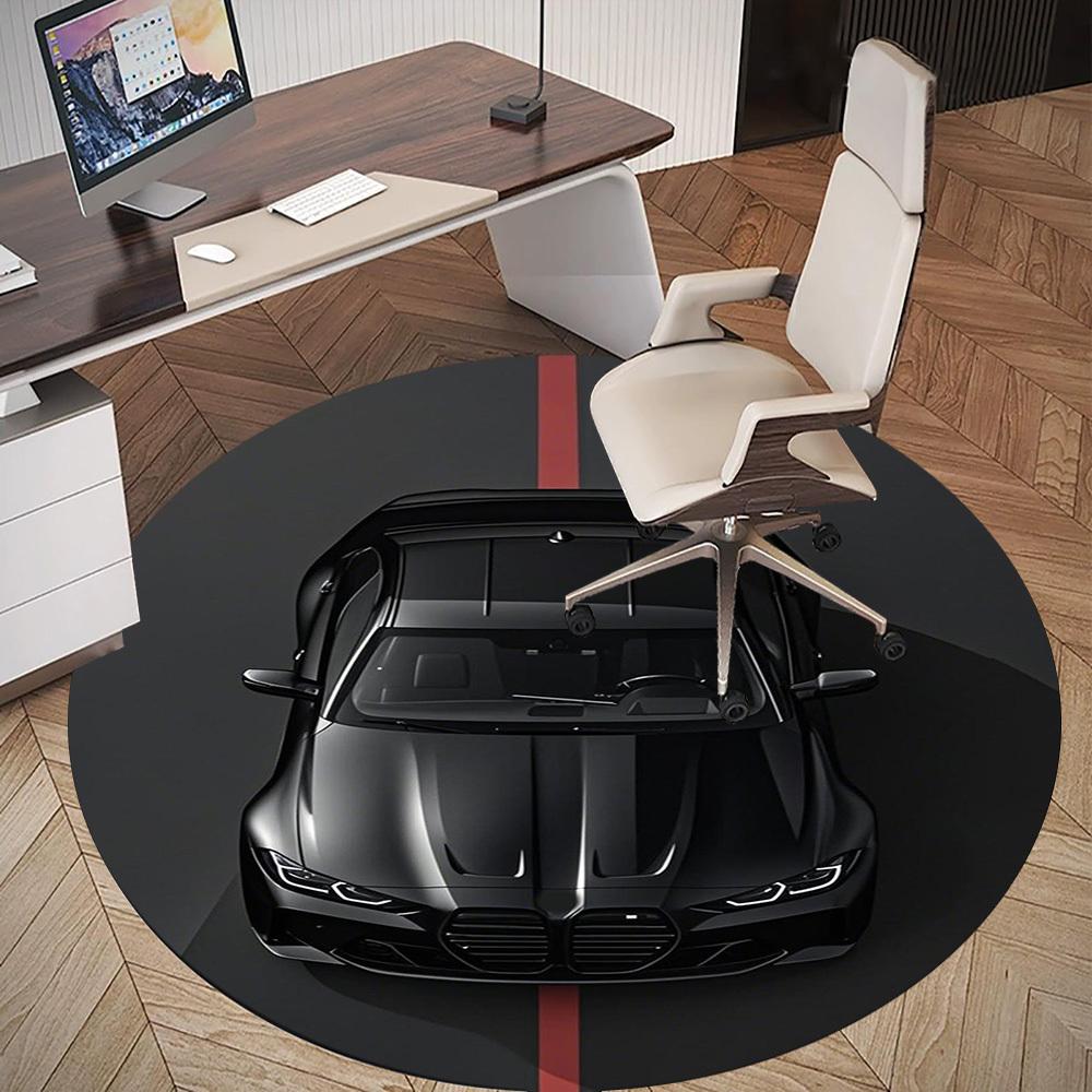 1PC Luxury black car Design Round Chair mat Area Rug - Non-Slip, Floor Mat for Office, Bedroom, home decor Christmas Gift c0528012