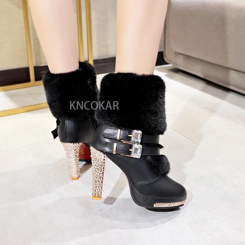 Winter Shoes Women High Heels Boots Fashion Ladies Party Shoes Warm Fur Shoes Woman Super High Heel 10cm Black White