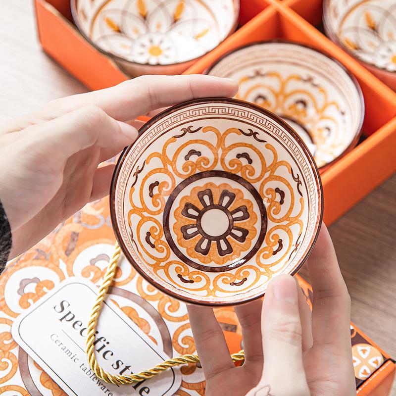 Retro Vintage Ceramic Dinnerware Set: Bowls, Plates, Dishes, Chopsticks in Gift Box - Sophisticated Small Souvenir.