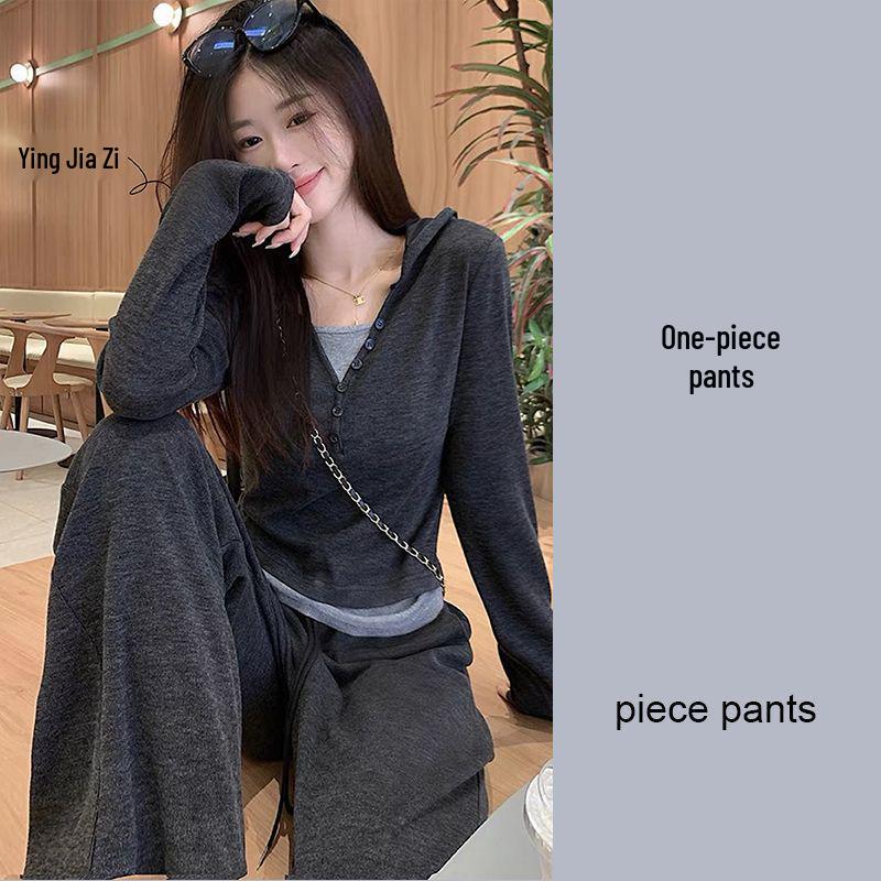 Women s Spring Sports Set: Hooded T-Shirt & Lazy Wide-Leg Pants Two-Piece. S