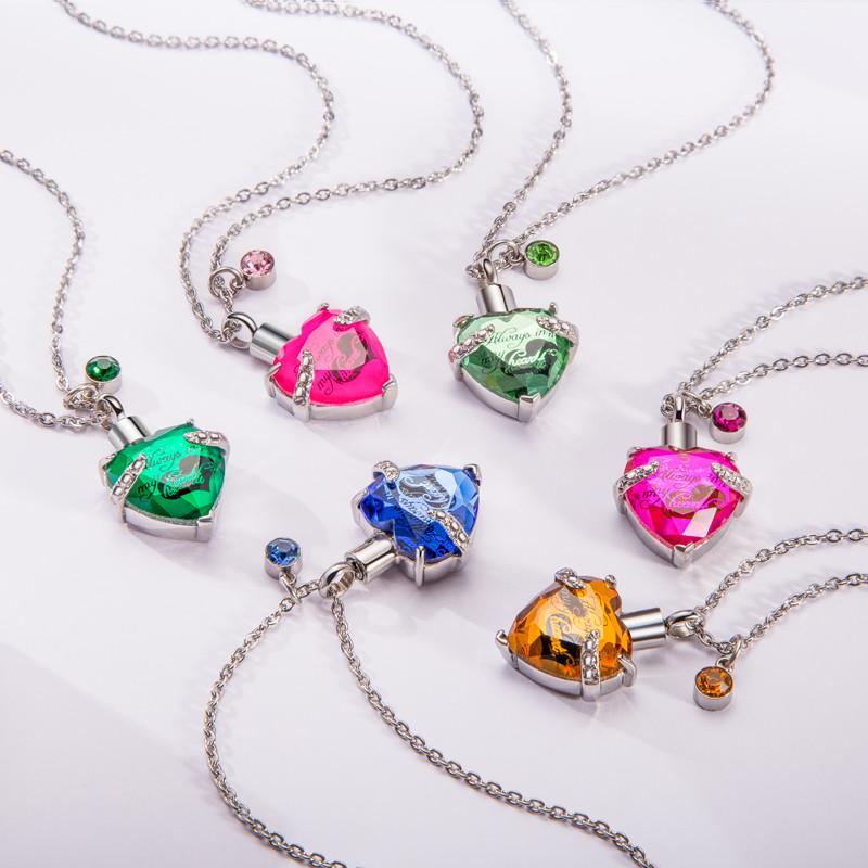 Always In My Heart Stainless Steel Birthstone Heart -Shaped Glass Clavicle Chain Perfume Bottle Keepsake Necklace Jewelry